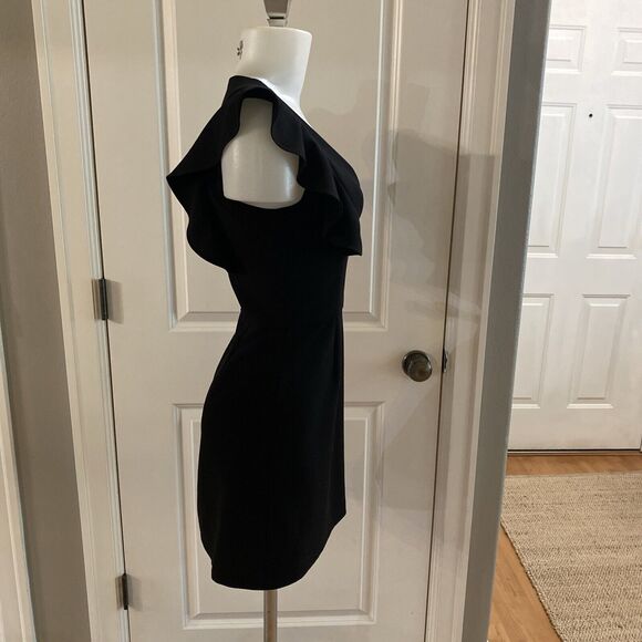 FRENCH CONNECTION Black WHISPER V-Neck RUFFLE Cocktail MINI DRESS -Size US 4 - Picture 6 of 14